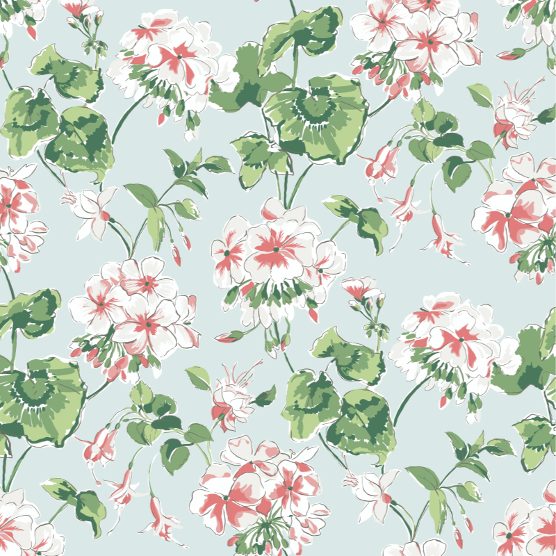 A geranium wallpaper sample featuring pink and white geraniums on a light blue background. 