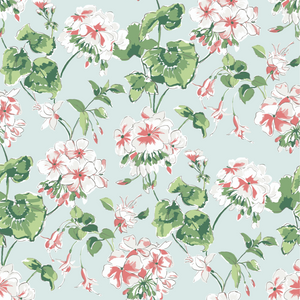 A geranium wallpaper sample featuring pink and white geraniums on a light blue background. 