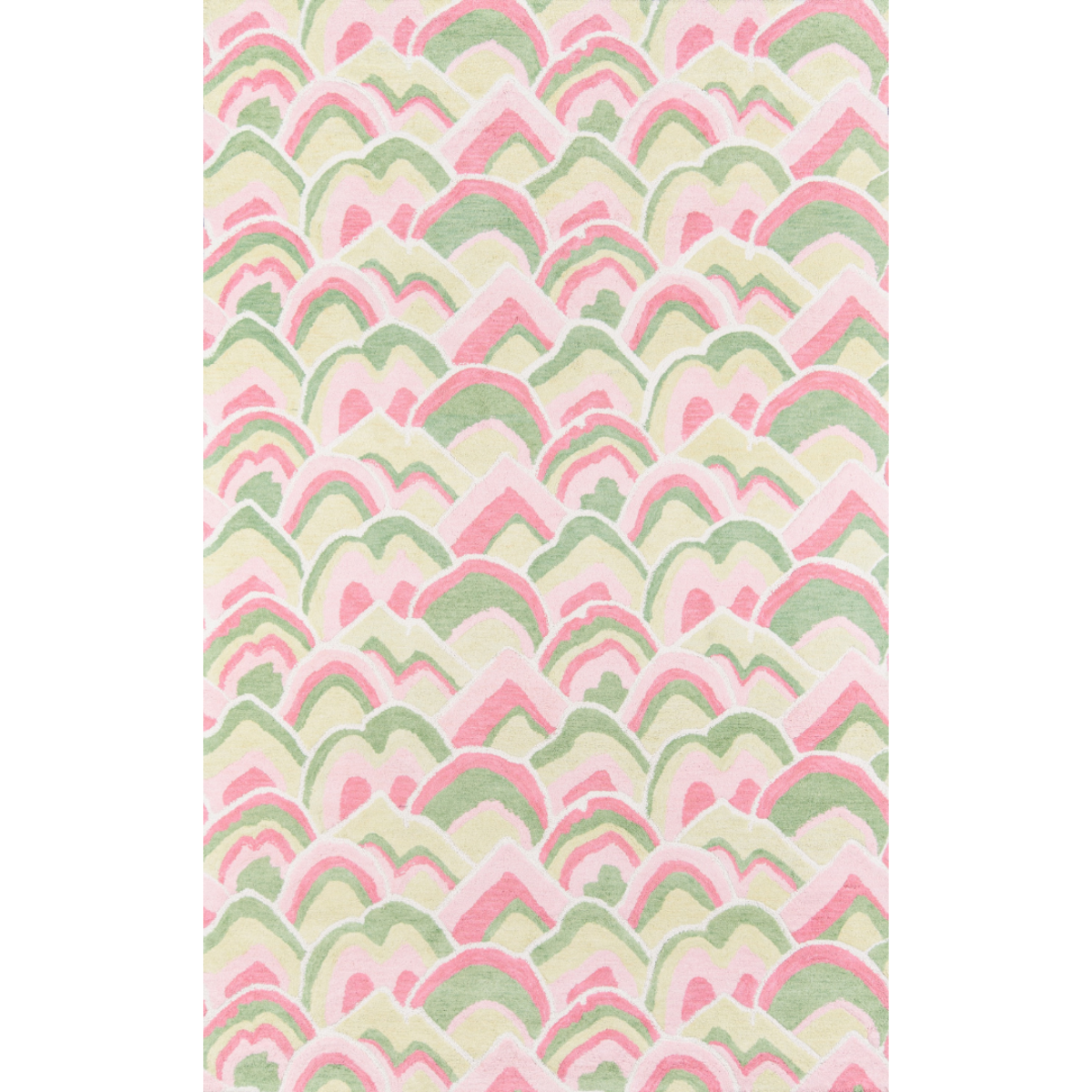 A pink and green rug with a repeating abstract motif