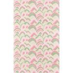 A pink and green rug with a repeating abstract motif