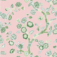 pink and green chinoiserie wallpaper sample featuring green cherry blossom motifs on a pink background.