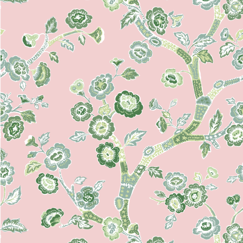 pink and green chinoiserie wallpaper sample featuring green cherry blossom motifs on a pink background.