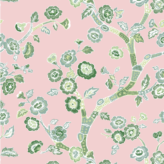 pink and green chinoiserie wallpaper sample featuring green cherry blossom motifs on a pink background.