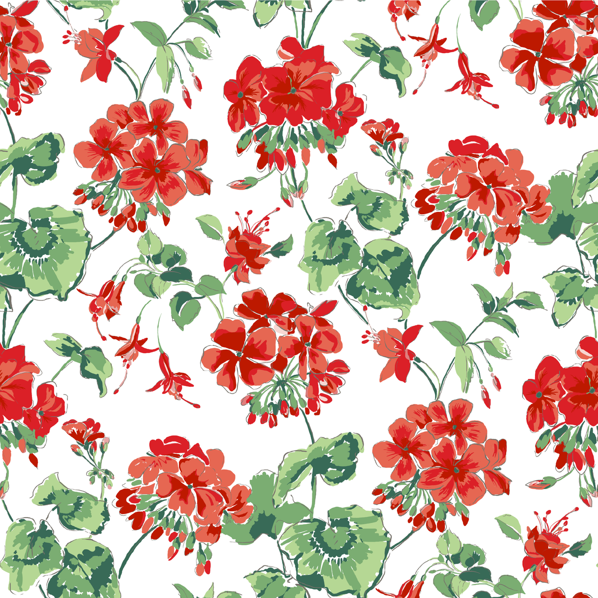 madcap Cottage geranium fabric featuring red geraniums with green leaves on a white background. 