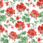 madcap Cottage geranium fabric featuring red geraniums with green leaves on a white background. 