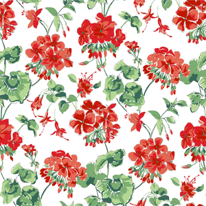 madcap Cottage geranium fabric featuring red geraniums with green leaves on a white background. 