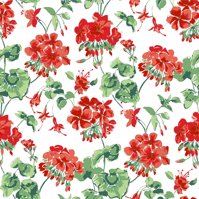 madcap Cottage geranium fabric featuring red geraniums with green leaves on a white background. 