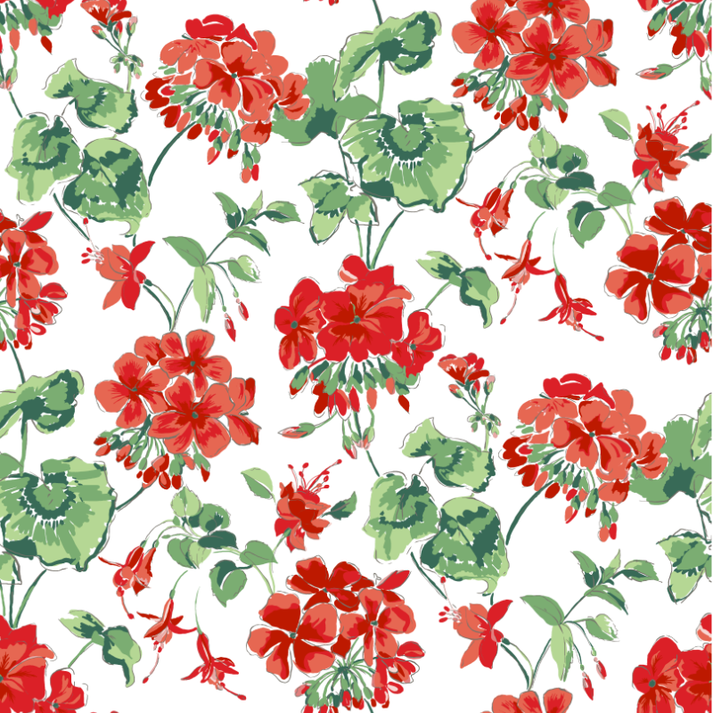 A geranium wallpaper sample featuring red geraniums on a white background.