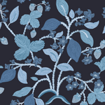 A wallpaper sample featuring blue toned lemon and strawberry motifs against a navy background.