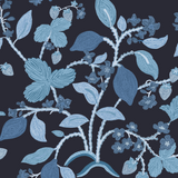 A wallpaper sample featuring blue toned lemon and strawberry motifs against a navy background.