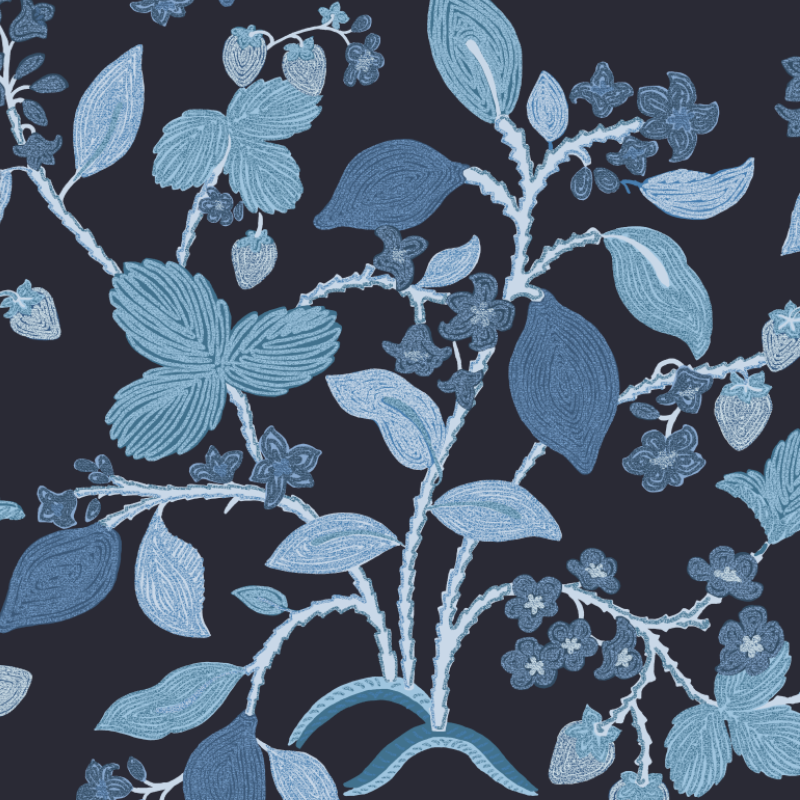 A wallpaper sample featuring blue toned lemon and strawberry motifs against a navy background.