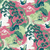 A pink and green chinoiserie fabric from madcap cottage called "old peking". It features motifs of foo dogs, boatmen, pagodas and waterfalls. 