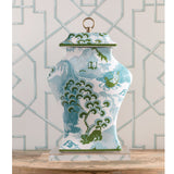 A green blue and white ginger jar with chinoiserie motifs from madcap cottage