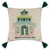a cream cushion with a central pink and green pagoda motif