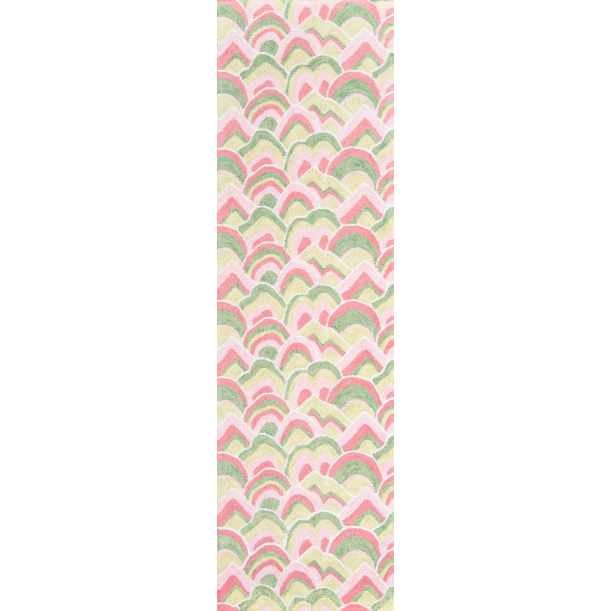A long rectangular pink and green rug in an abstract print
