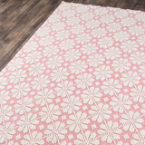 Seville wool pink and ivory patterned flatweave area rug with subtle woven motif and textured design.