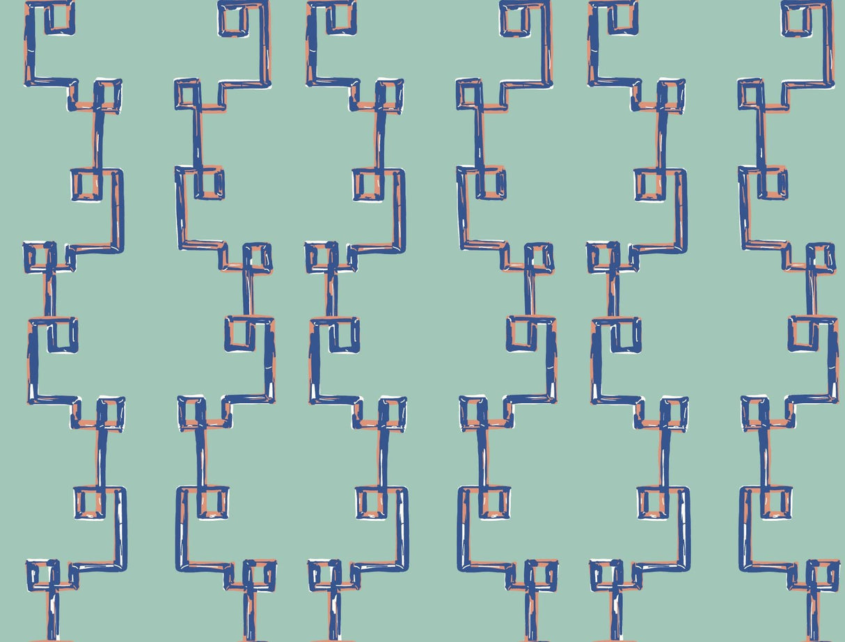 blue removable wallpaper featuring a navy blue geometric trellis motif. 