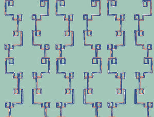 blue removable wallpaper featuring a navy blue geometric trellis motif. 