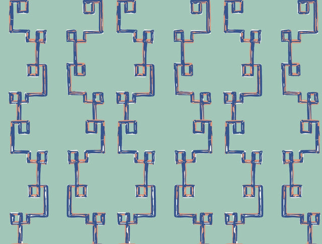 blue removable wallpaper featuring a navy blue geometric trellis motif. 