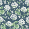 madcap Cottage Grove geranium fabric featuring white geraniums with green leaves on a navy blue background.