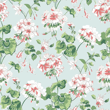 madcap Cottage geranium fabric featuring pink geraniums with green leaves on a light blue background.