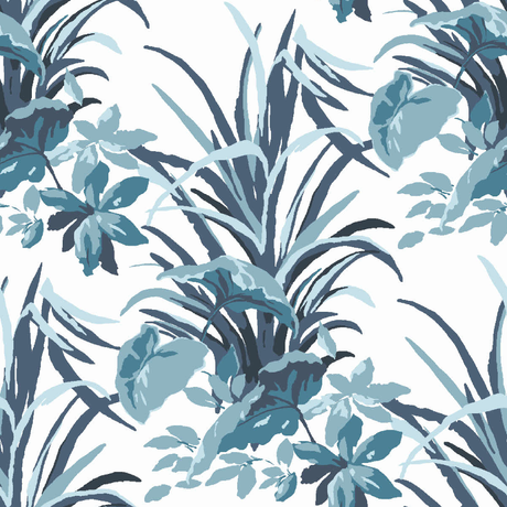madcap cottage palm fabric featuring blue palm leaf motifs on a light blue background. 