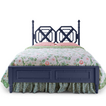 A blue faux bamboo bed with chinoiserie bedding from madcap cottage