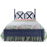 A blue faux bamboo bed with chinoiserie bedding from madcap cottage