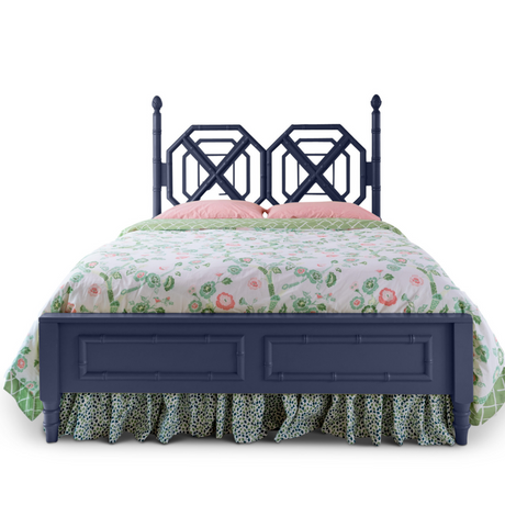A blue faux bamboo bed with chinoiserie bedding from madcap cottage