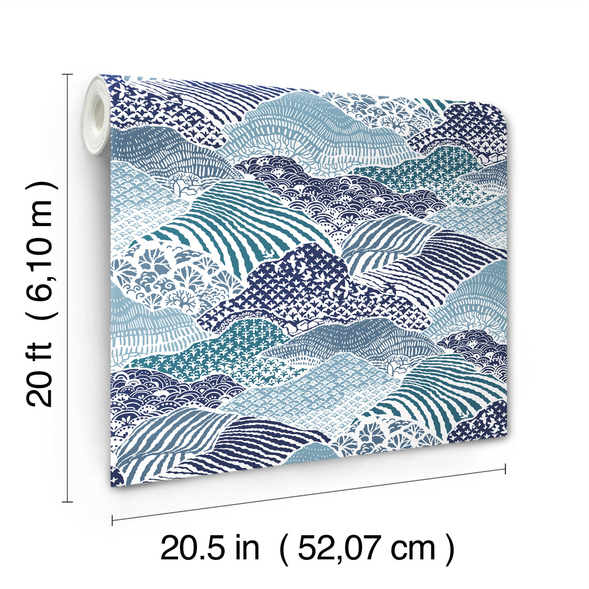 a blue peel and stick wallpaper roll with its dimensions shown 20ft x 20.5 inches