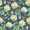 madcap Cottage geranium fabric featuring yellow geraniums with green leaves on a navy blue background. 