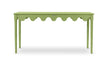 A green console table with scalloped edges