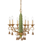 A porcelain green pagoda chandelier with gold accents and tassels