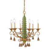 A porcelain green pagoda chandelier with gold accents and tassels