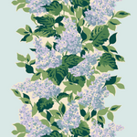a mauve and blue wallpaper sample featuring a leafy hydrangea motif.
