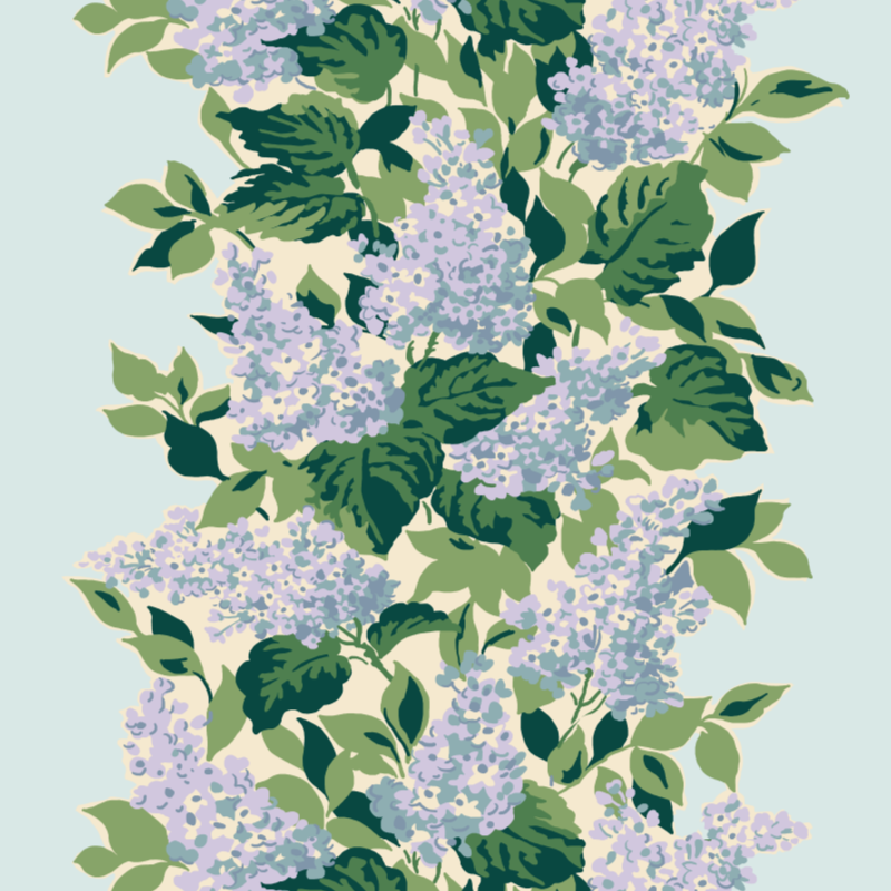 a mauve and blue wallpaper sample featuring a leafy hydrangea motif.