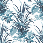 madcap cottage palm fabric featuring blue palm leaf motifs on a light blue background. 