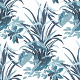madcap cottage palm fabric featuring blue palm leaf motifs on a light blue background. 