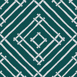 a blue and white bamboo trellis fabric called Island House by Madcap Cotttage