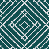 a blue and white bamboo trellis fabric called Island House by Madcap Cotttage