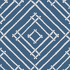 a blue and white bamboo trellis fabric called Island House by Madcap Cotttage