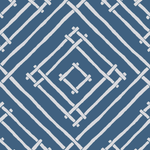 a blue and white bamboo trellis fabric called Island House by Madcap Cotttage