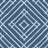 a blue and white bamboo trellis fabric called Island House by Madcap Cotttage