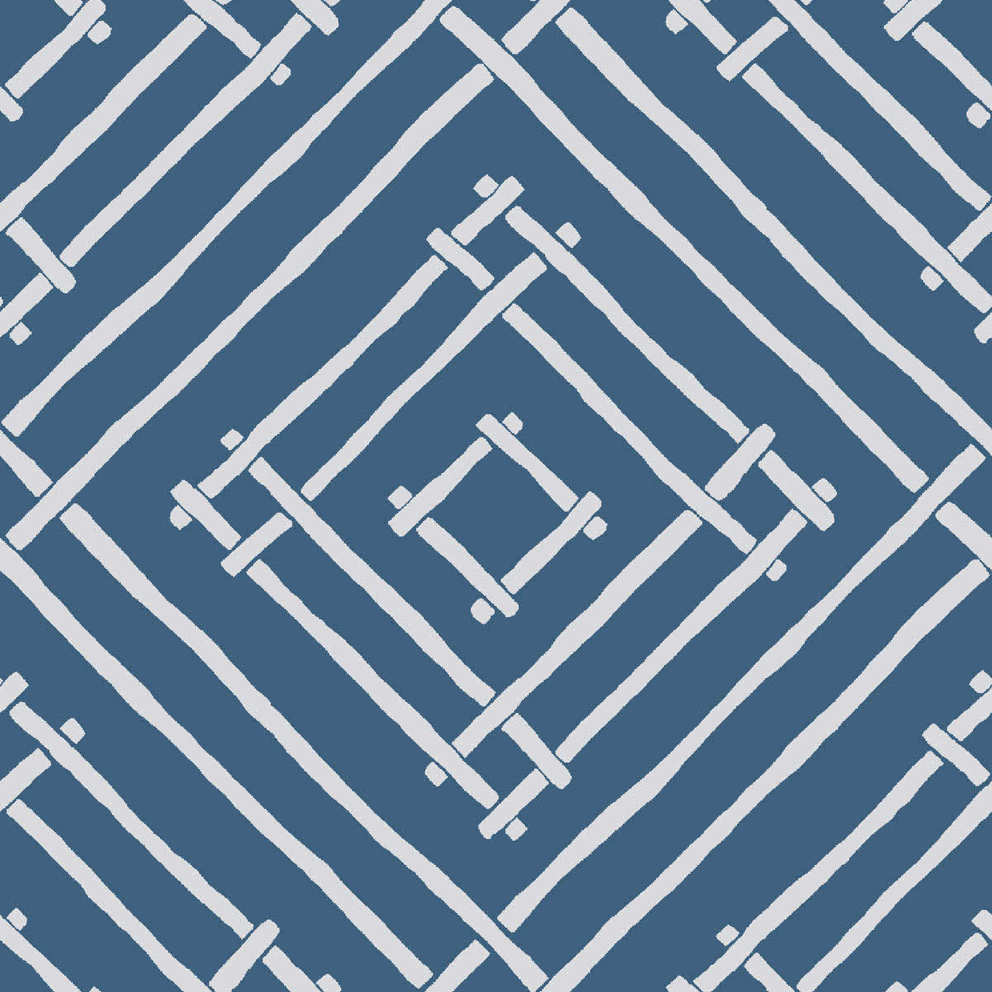a blue and white bamboo trellis fabric called Island House by Madcap Cotttage