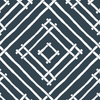 a blue and white bamboo trellis fabric called Island House by Madcap Cotttage