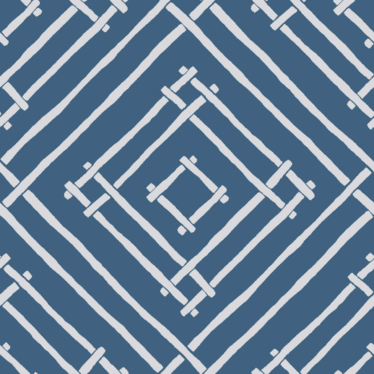 a blue and white bamboo trellis fabric called Island House by Madcap Cotttage