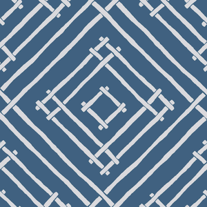 a blue and white bamboo trellis fabric called Island House by Madcap Cotttage