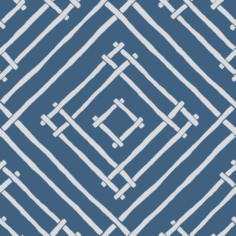 a blue and white bamboo trellis fabric called Island House by Madcap Cotttage
