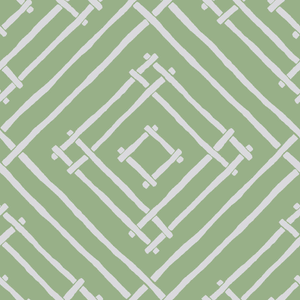 a green and white bamboo trellis fabric called Island House by Madcap Cotttage