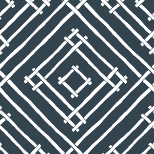 a blue and white bamboo trellis fabric called Island House by Madcap Cotttage